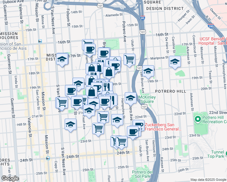 map of restaurants, bars, coffee shops, grocery stores, and more near 780 York Street in San Francisco