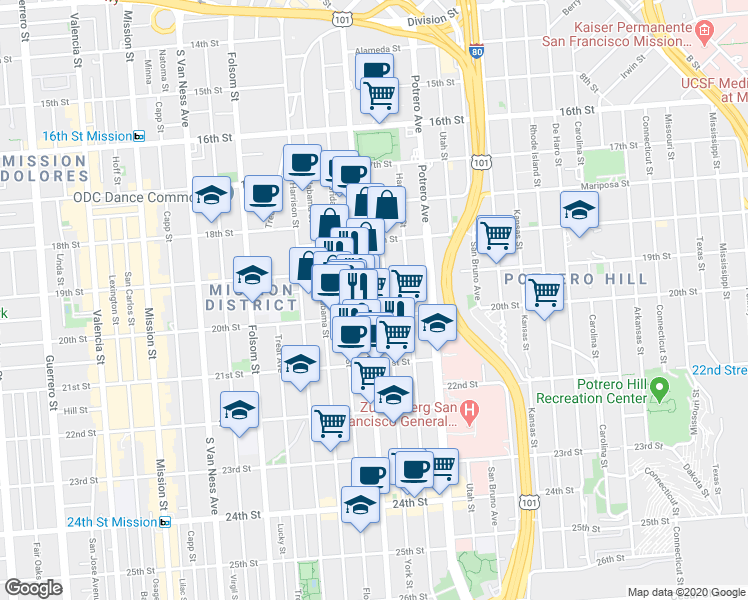 map of restaurants, bars, coffee shops, grocery stores, and more near 780 York Street in San Francisco