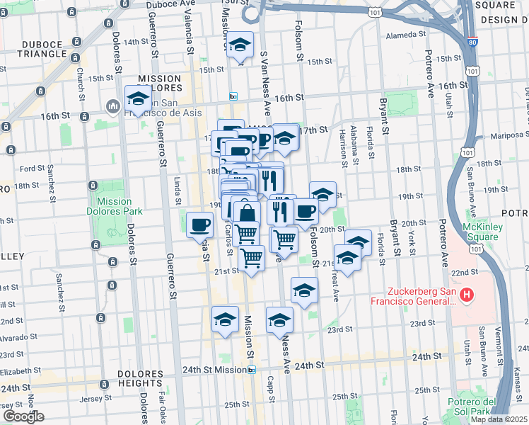 map of restaurants, bars, coffee shops, grocery stores, and more near 850 South Van Ness Avenue in San Francisco