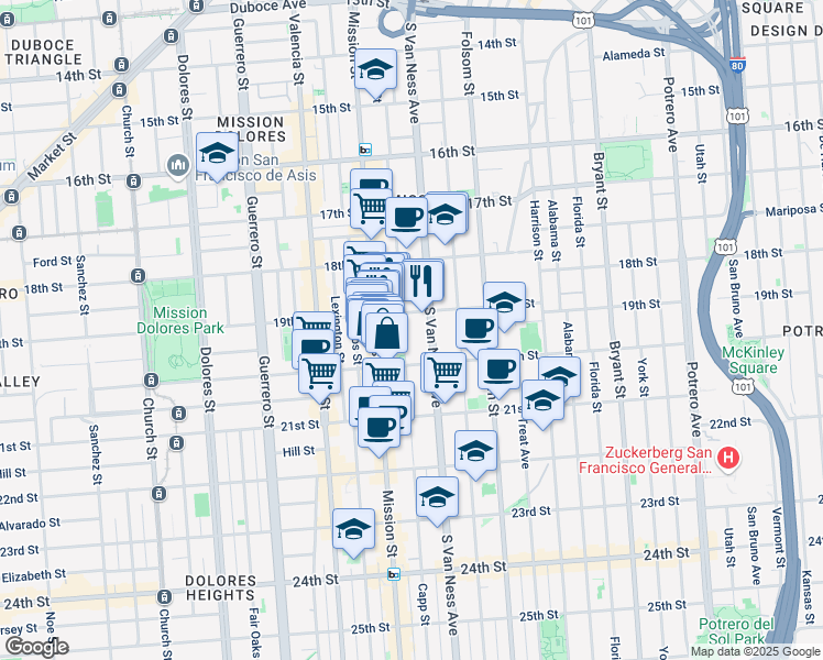 map of restaurants, bars, coffee shops, grocery stores, and more near 850 South Van Ness Avenue in San Francisco