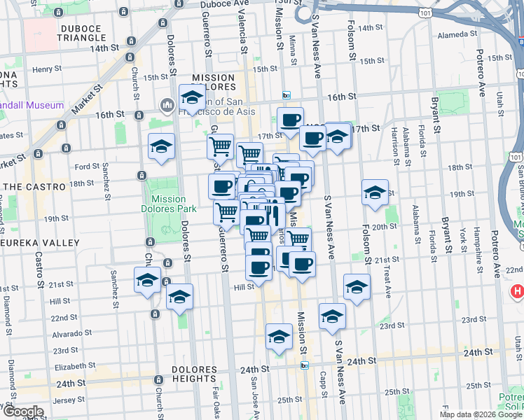 map of restaurants, bars, coffee shops, grocery stores, and more near in San Francisco