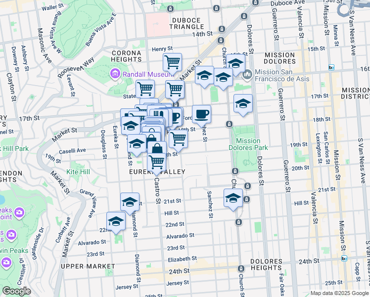map of restaurants, bars, coffee shops, grocery stores, and more near 153 Hartford Street in San Francisco