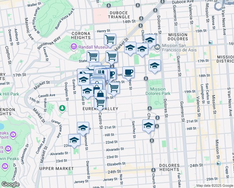 map of restaurants, bars, coffee shops, grocery stores, and more near 153 Hartford Street in San Francisco