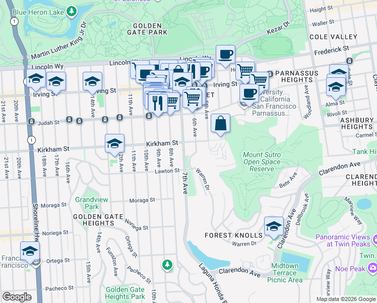 map of restaurants, bars, coffee shops, grocery stores, and more near 9 Locksley Avenue in San Francisco