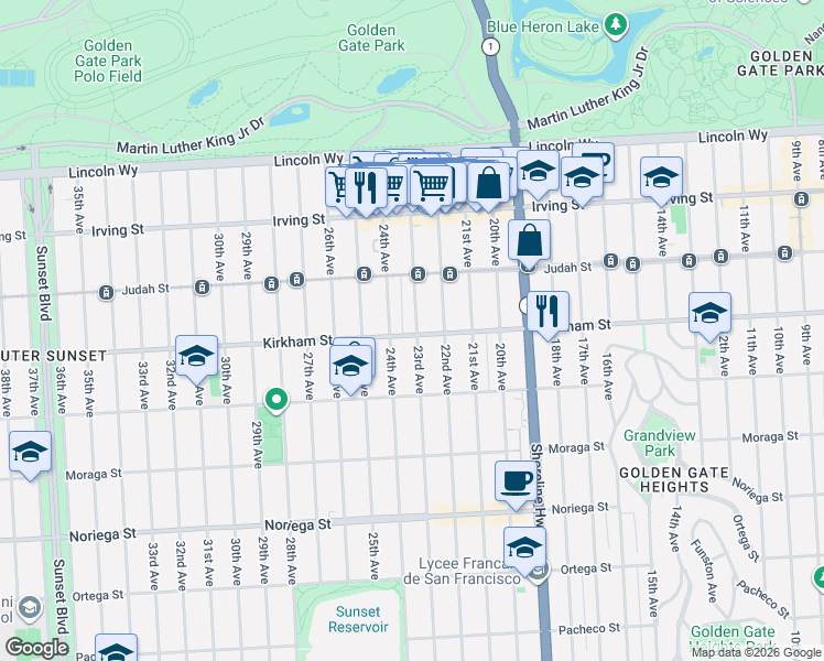 map of restaurants, bars, coffee shops, grocery stores, and more near 1506 23rd Avenue in San Francisco