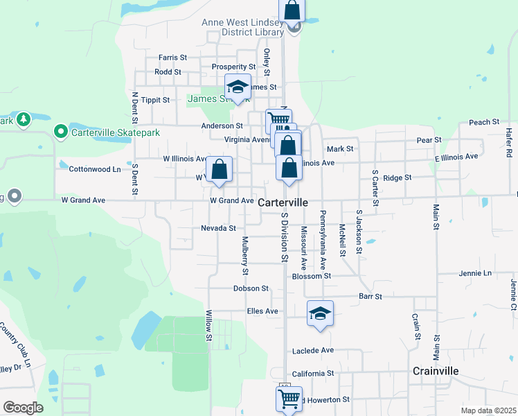 map of restaurants, bars, coffee shops, grocery stores, and more near 212 Vine Street in Carterville