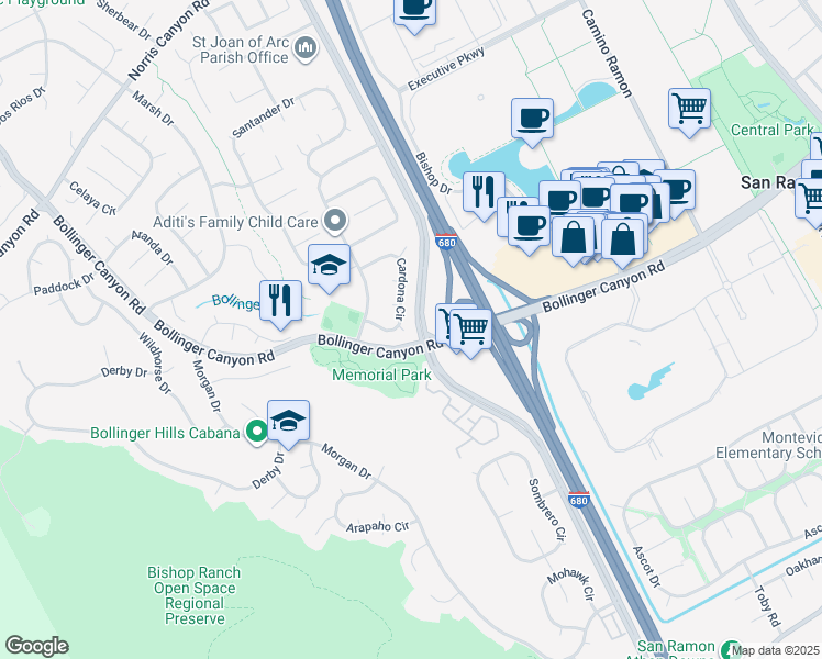 map of restaurants, bars, coffee shops, grocery stores, and more near 368 Cardona Circle in San Ramon