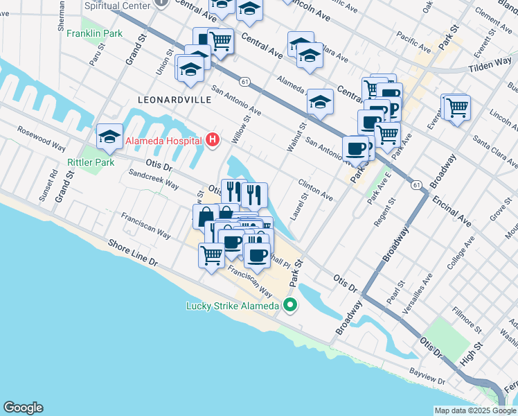map of restaurants, bars, coffee shops, grocery stores, and more near 2209 Otis Drive in Alameda