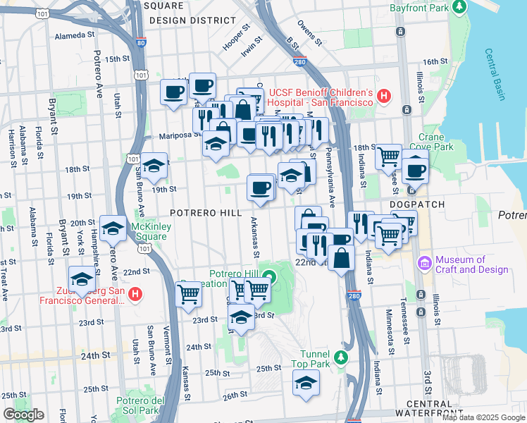 map of restaurants, bars, coffee shops, grocery stores, and more near 521 Connecticut Street in San Francisco