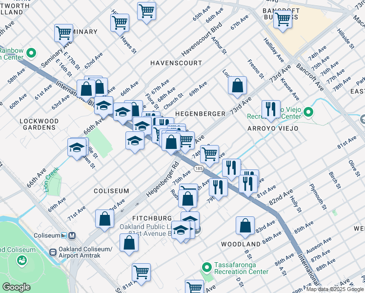 map of restaurants, bars, coffee shops, grocery stores, and more near 1423 73rd Avenue in Oakland
