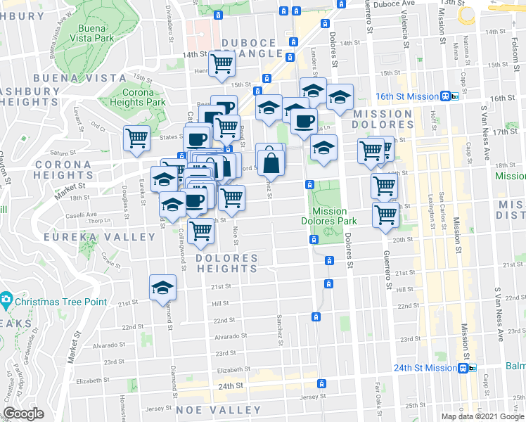 map of restaurants, bars, coffee shops, grocery stores, and more near 3918 19th Street in San Francisco