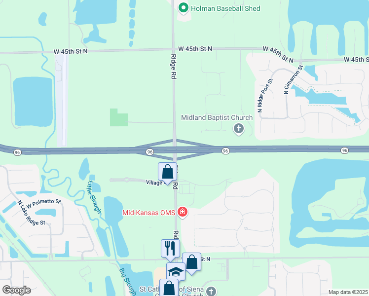 map of restaurants, bars, coffee shops, grocery stores, and more near Kansas 96 in Wichita