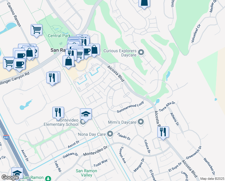 map of restaurants, bars, coffee shops, grocery stores, and more near 420 Countrybrook Loop in San Ramon