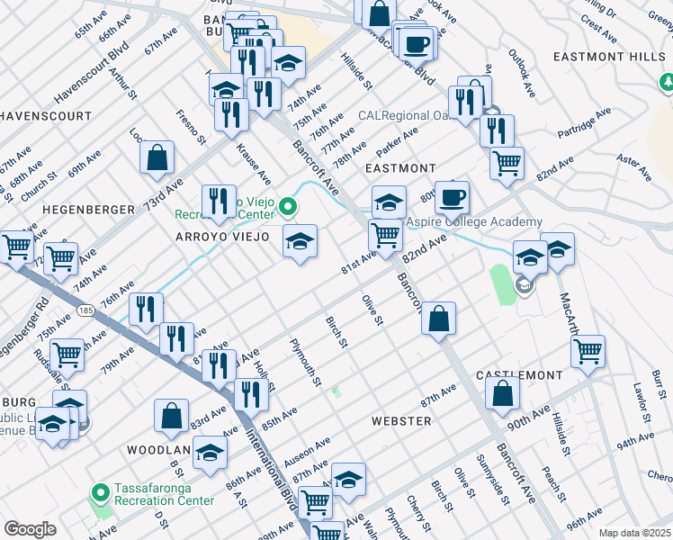 map of restaurants, bars, coffee shops, grocery stores, and more near 1957 81st Avenue in Oakland