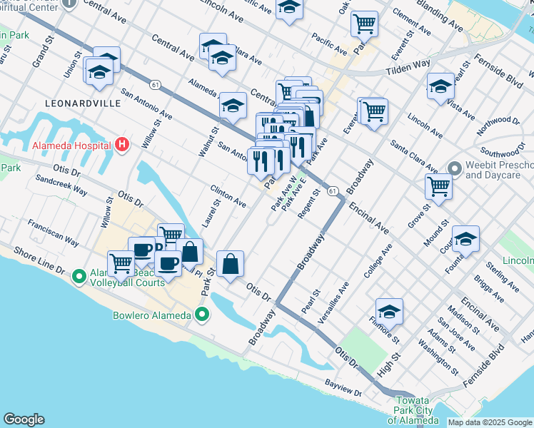 map of restaurants, bars, coffee shops, grocery stores, and more near 1173 Park Avenue in Alameda