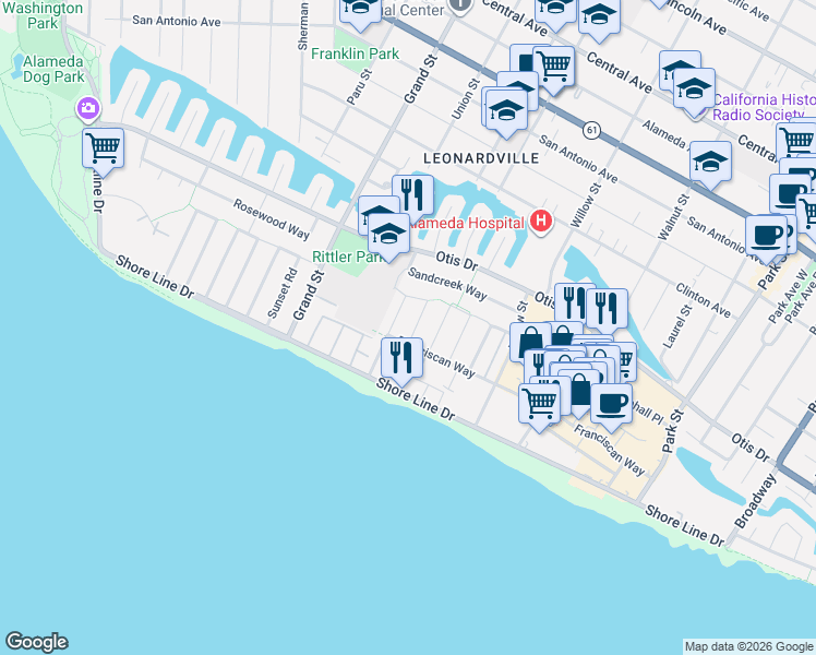 map of restaurants, bars, coffee shops, grocery stores, and more near 409 Greenbrier Road in Alameda