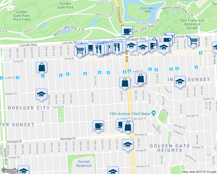 map of restaurants, bars, coffee shops, grocery stores, and more near 1494 22nd Avenue in San Francisco