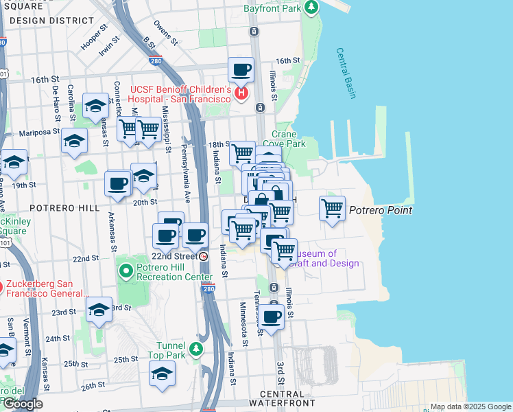 map of restaurants, bars, coffee shops, grocery stores, and more near 909 Tennessee Street in San Francisco