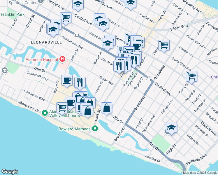map of restaurants, bars, coffee shops, grocery stores, and more near 884 Oak Street in Alameda