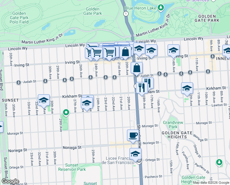 map of restaurants, bars, coffee shops, grocery stores, and more near 1494 22nd Avenue in San Francisco