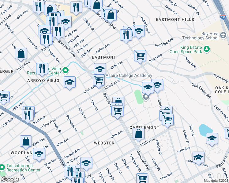 map of restaurants, bars, coffee shops, grocery stores, and more near 2255 83rd Avenue in Oakland