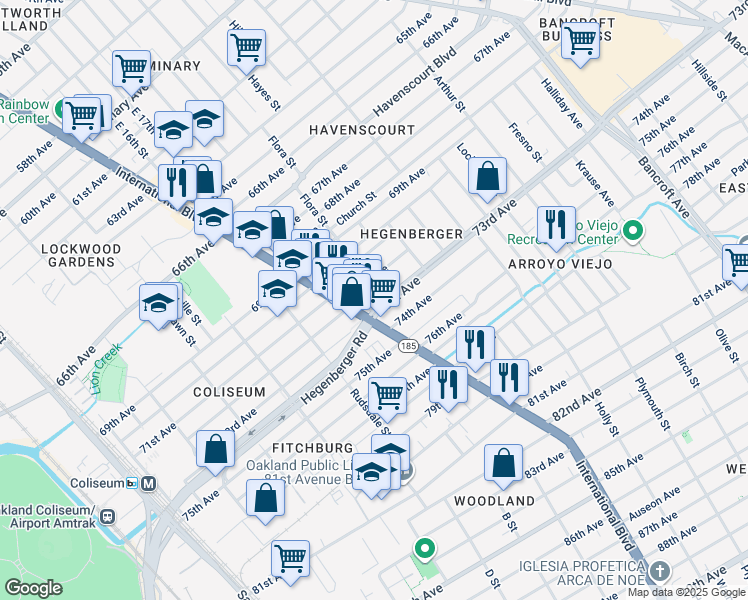 map of restaurants, bars, coffee shops, grocery stores, and more near 1423 73rd Avenue in Oakland