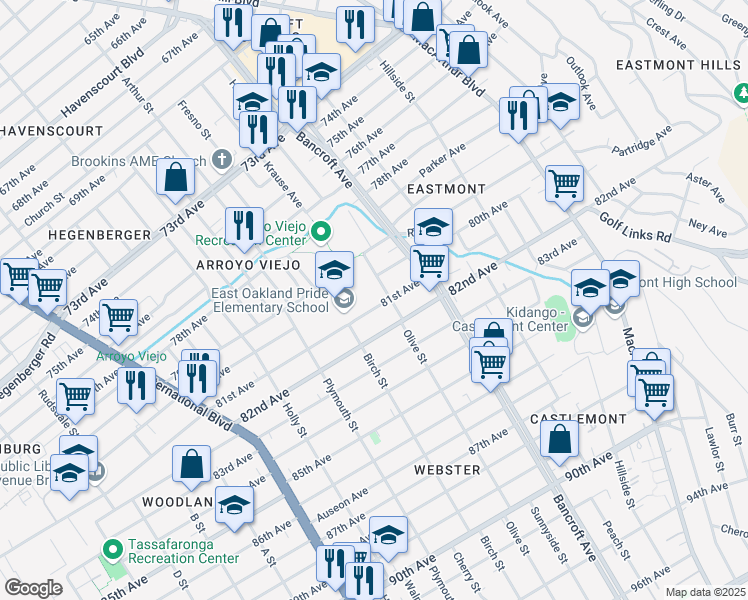 map of restaurants, bars, coffee shops, grocery stores, and more near 1957 81st Avenue in Oakland