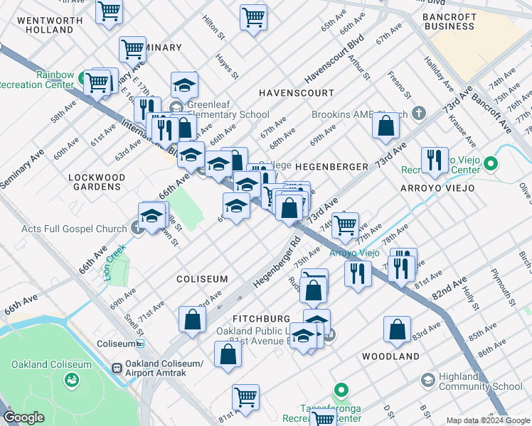 map of restaurants, bars, coffee shops, grocery stores, and more near 7025 International Boulevard in Oakland