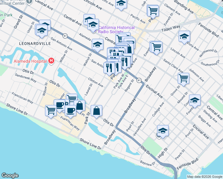 map of restaurants, bars, coffee shops, grocery stores, and more near 1173 Park Avenue in Alameda