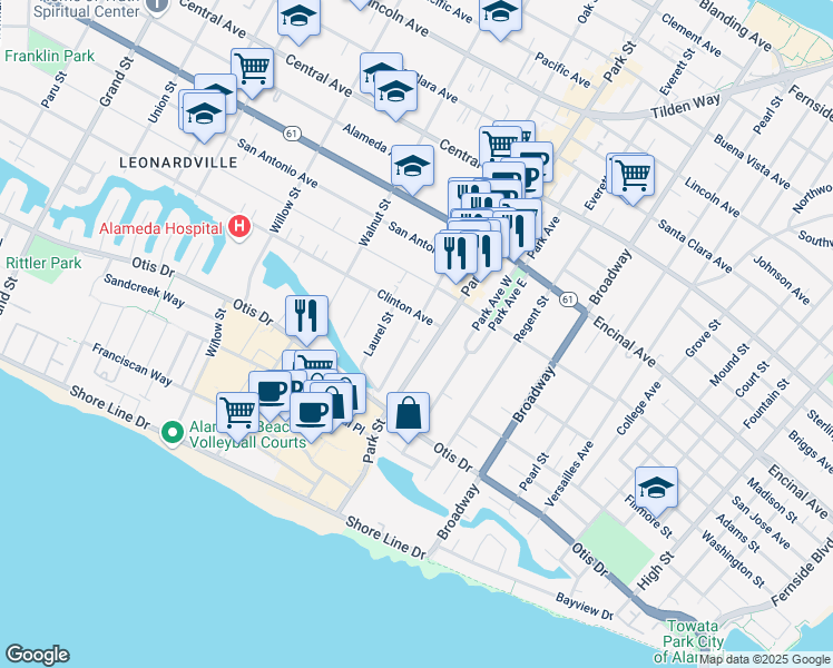 map of restaurants, bars, coffee shops, grocery stores, and more near 884 Oak Street in Alameda