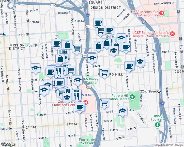 map of restaurants, bars, coffee shops, grocery stores, and more near 730 Vermont Street in San Francisco