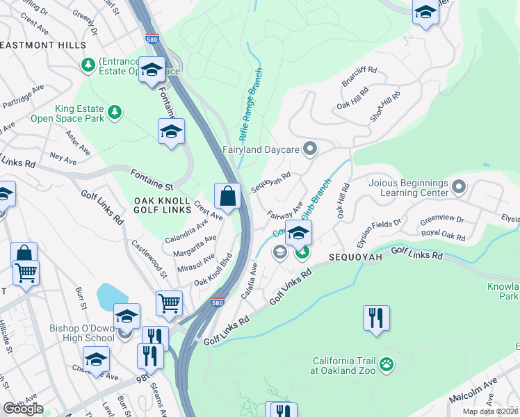 map of restaurants, bars, coffee shops, grocery stores, and more near 3845 Twin Oaks Way in Oakland