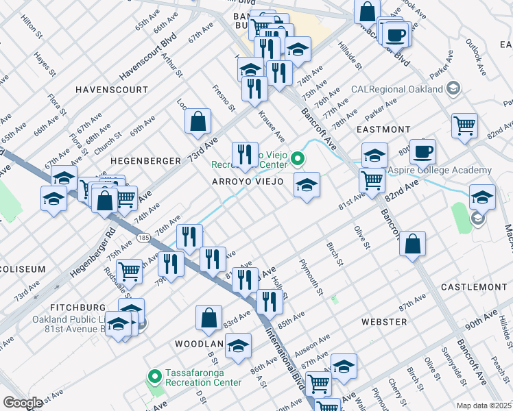 map of restaurants, bars, coffee shops, grocery stores, and more near 7869 Lockwood Street in Oakland