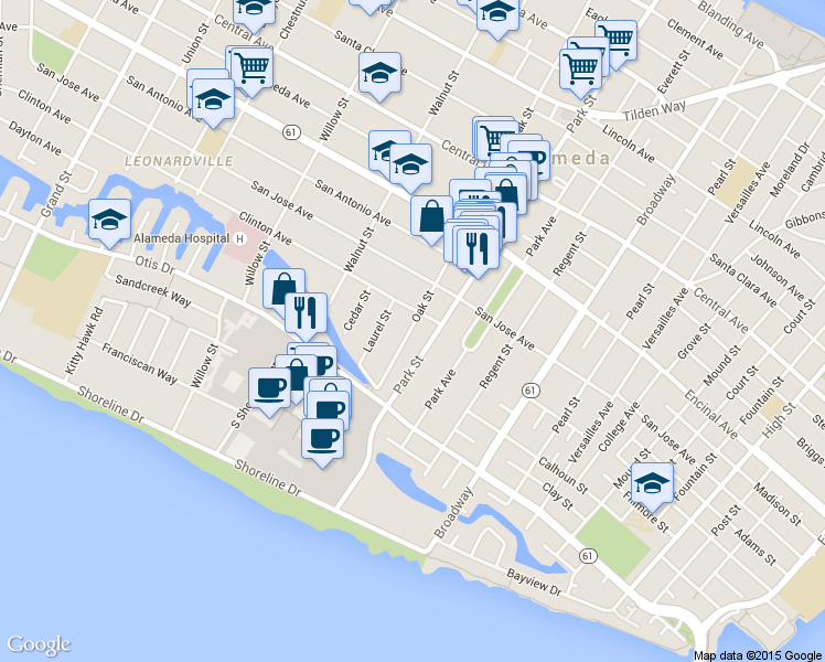 map of restaurants, bars, coffee shops, grocery stores, and more near 981 Park Street in Alameda