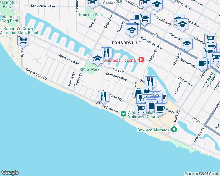 map of restaurants, bars, coffee shops, grocery stores, and more near 404 Greenbrier Road in Alameda