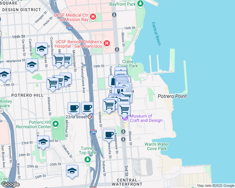 map of restaurants, bars, coffee shops, grocery stores, and more near 909 Tennessee Street in San Francisco