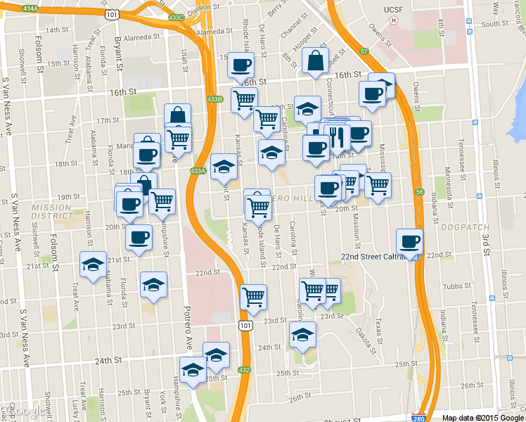 map of restaurants, bars, coffee shops, grocery stores, and more near in San Francisco