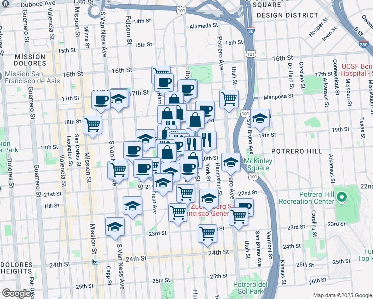 map of restaurants, bars, coffee shops, grocery stores, and more near 777 Florida Street in San Francisco