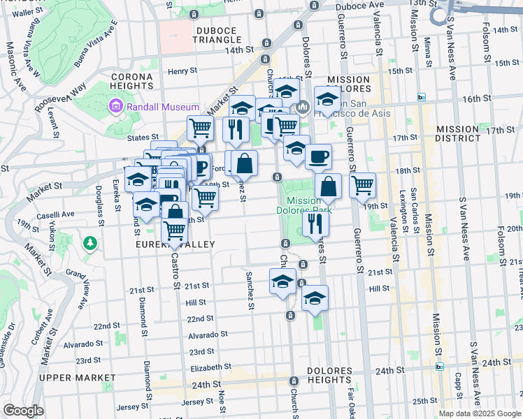map of restaurants, bars, coffee shops, grocery stores, and more near 3875 19th Street in San Francisco
