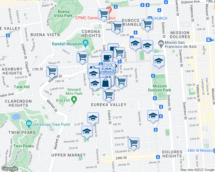 map of restaurants, bars, coffee shops, grocery stores, and more near 595 Castro Street in San Francisco