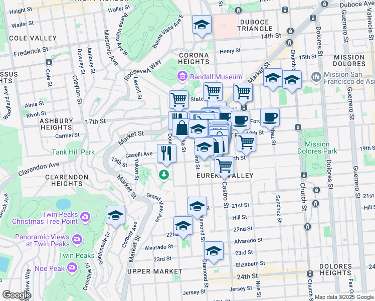map of restaurants, bars, coffee shops, grocery stores, and more near 149 Eureka Street in San Francisco