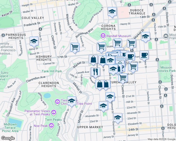 map of restaurants, bars, coffee shops, grocery stores, and more near 65 Caselli Avenue in San Francisco