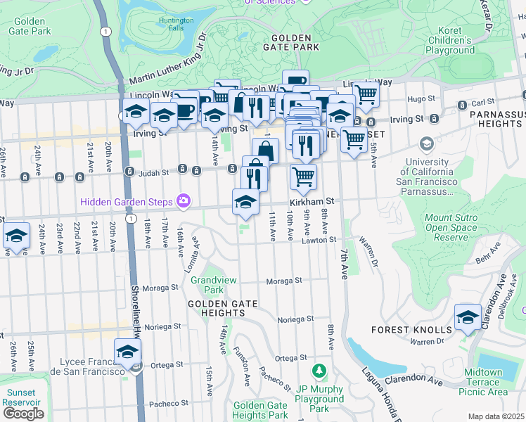 map of restaurants, bars, coffee shops, grocery stores, and more near 1534 12th Avenue in San Francisco