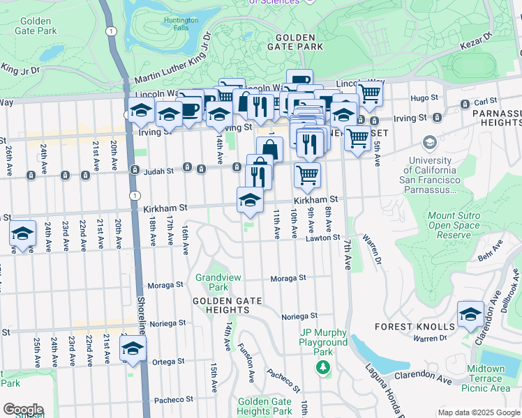 map of restaurants, bars, coffee shops, grocery stores, and more near 1534 12th Avenue in San Francisco