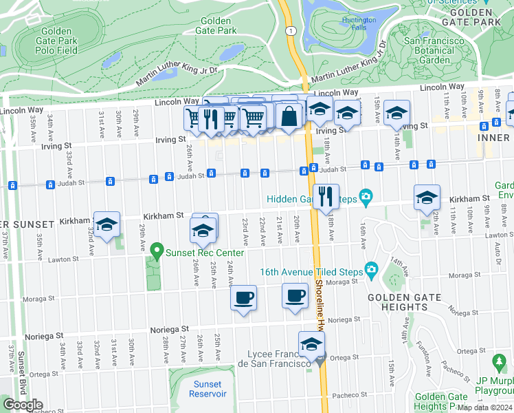 map of restaurants, bars, coffee shops, grocery stores, and more near 1506 23rd Avenue in San Francisco