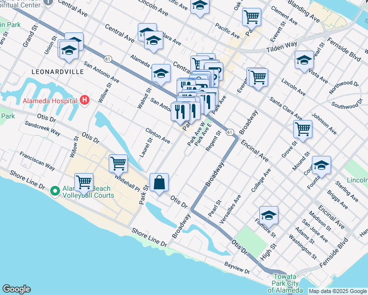 map of restaurants, bars, coffee shops, grocery stores, and more near 1173 Park Avenue West in Alameda