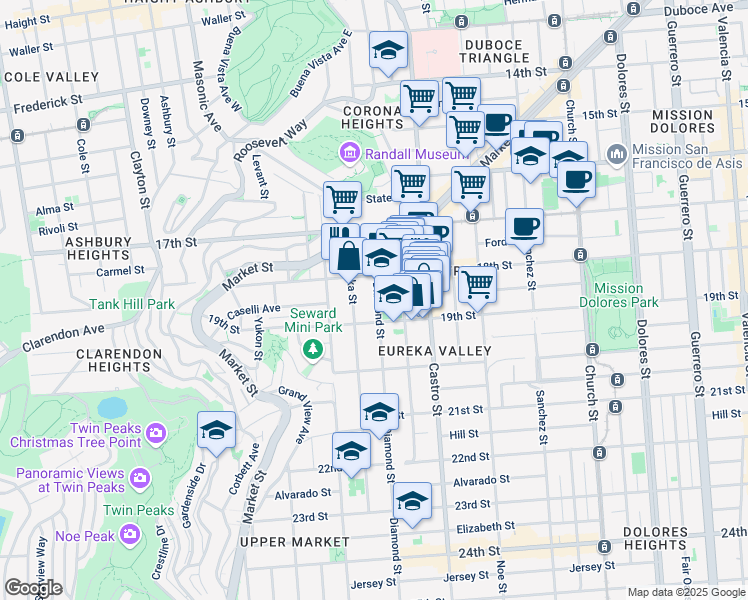 map of restaurants, bars, coffee shops, grocery stores, and more near 142 Diamond Street in San Francisco