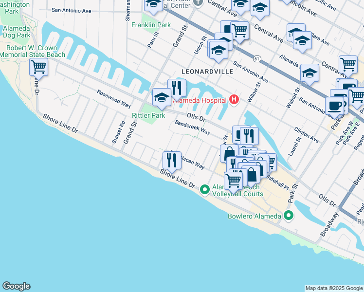map of restaurants, bars, coffee shops, grocery stores, and more near 404 Greenbrier Road in Alameda
