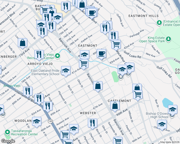 map of restaurants, bars, coffee shops, grocery stores, and more near 2218 82nd Avenue in Oakland