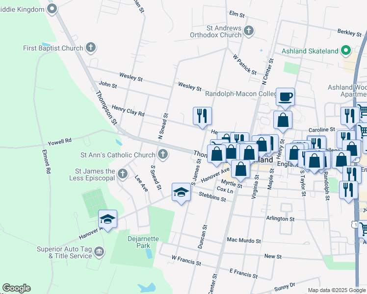 map of restaurants, bars, coffee shops, grocery stores, and more near 210 Thompson Street in Ashland